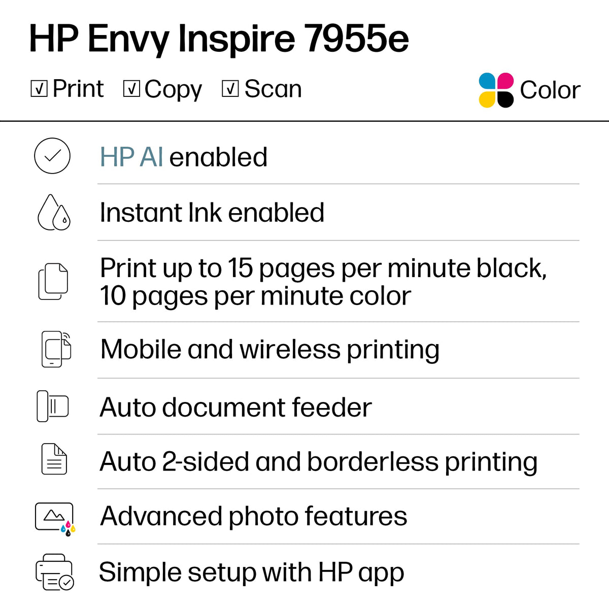 HP Envy Inspire 7955e Wireless Color Inkjet Printer, Print, scan, copy, Easy setup, Mobile printing, Best-for-home, 3 month Instant Ink trial included, AI-enabled (1W2Y8A)