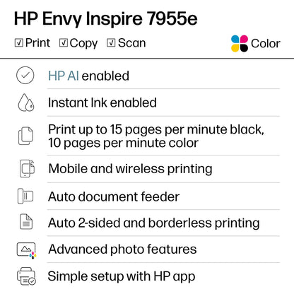 HP Envy Inspire 7955e Wireless Color Inkjet Printer, Print, scan, copy, Easy setup, Mobile printing, Best-for-home, 3 month Instant Ink trial included, AI-enabled (1W2Y8A)