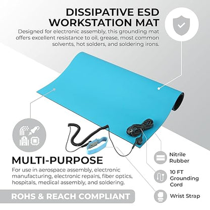 MWRF ESD Mat Kit with Wrist Strap and Grounding Cord (2 FT x 3 FT x 0.12 Inch, Blue)