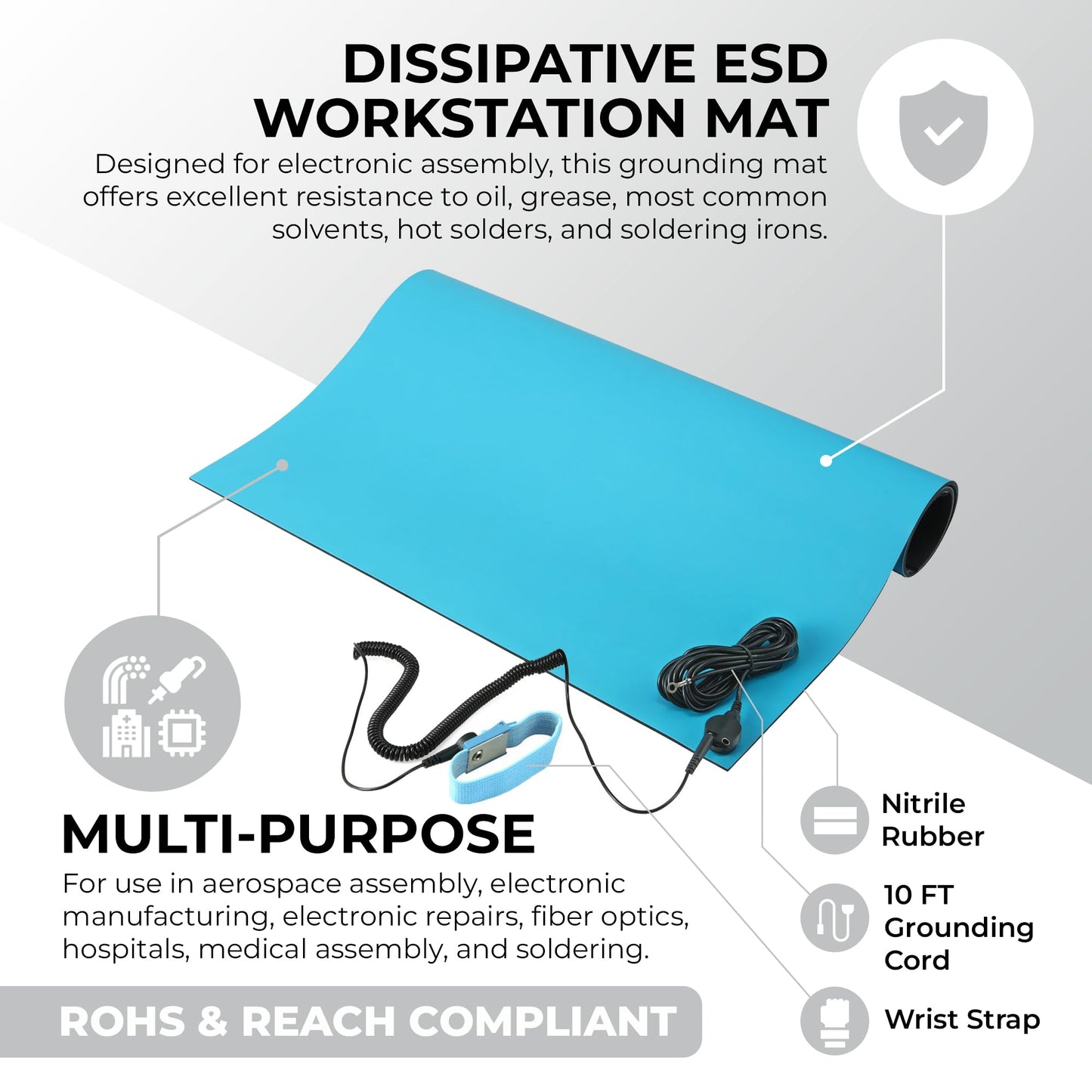 MWRF Source ESD Mat Kit with Wrist Strap and Grounding Cord (20 Inches x 24 Inches x 0.12 Inch, Blue)