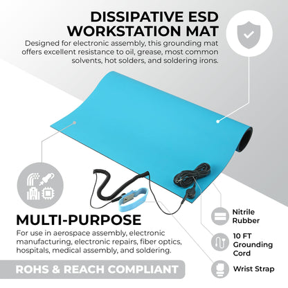 MWRF Source ESD Mat Kit with Wrist Strap and Grounding Cord (20 Inches x 24 Inches x 0.12 Inch, Blue)