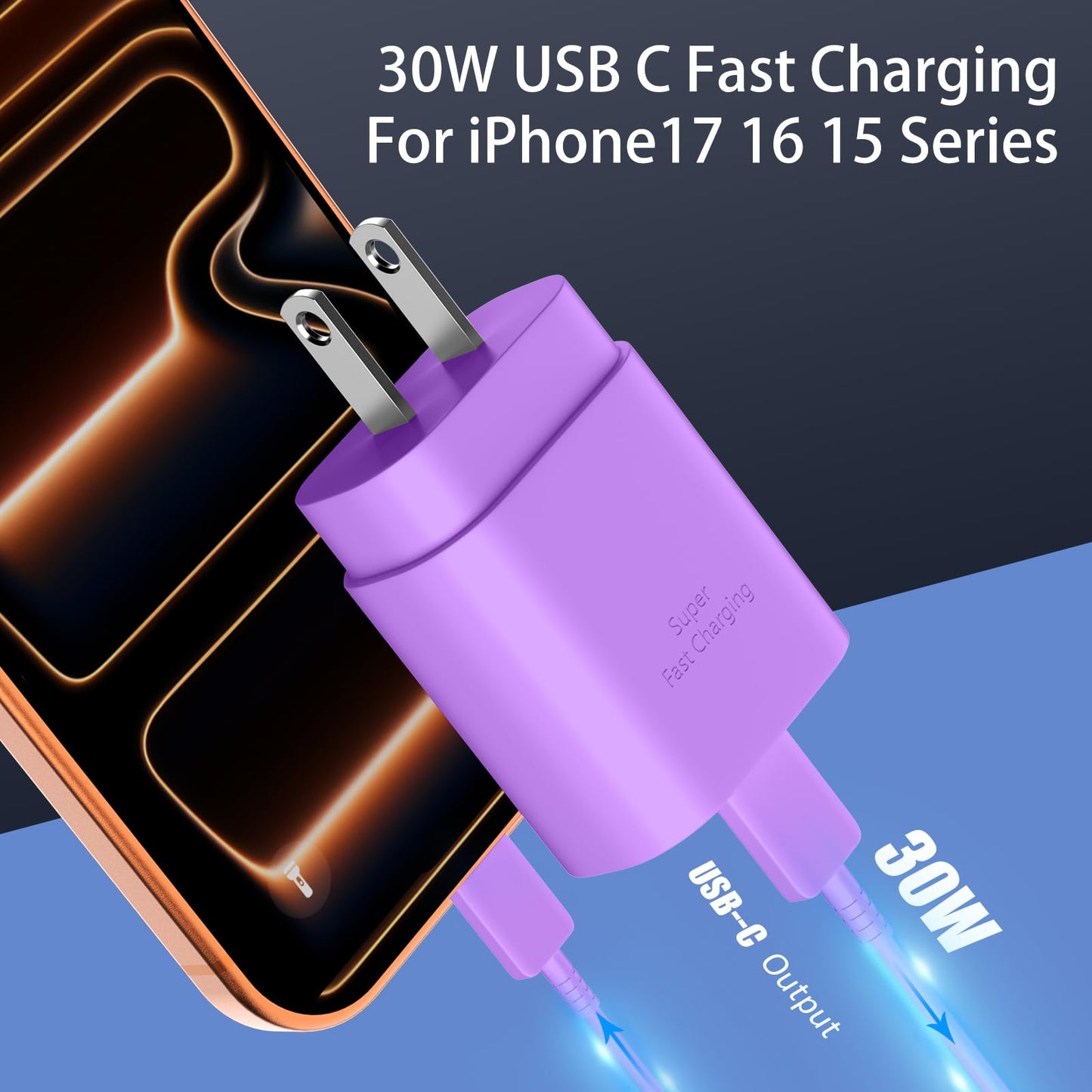 Phone 17 16 15 Charger Fast Charging,30W USB C Phone 17 16 15 Pro Max Charger Block &10FT Long Type C Cable Cord for i.Phone 17/17 Air/17 Pro/17 Pro Max/16/16 Plus/16 Pro Max/15/15 Pro Max,Purple
