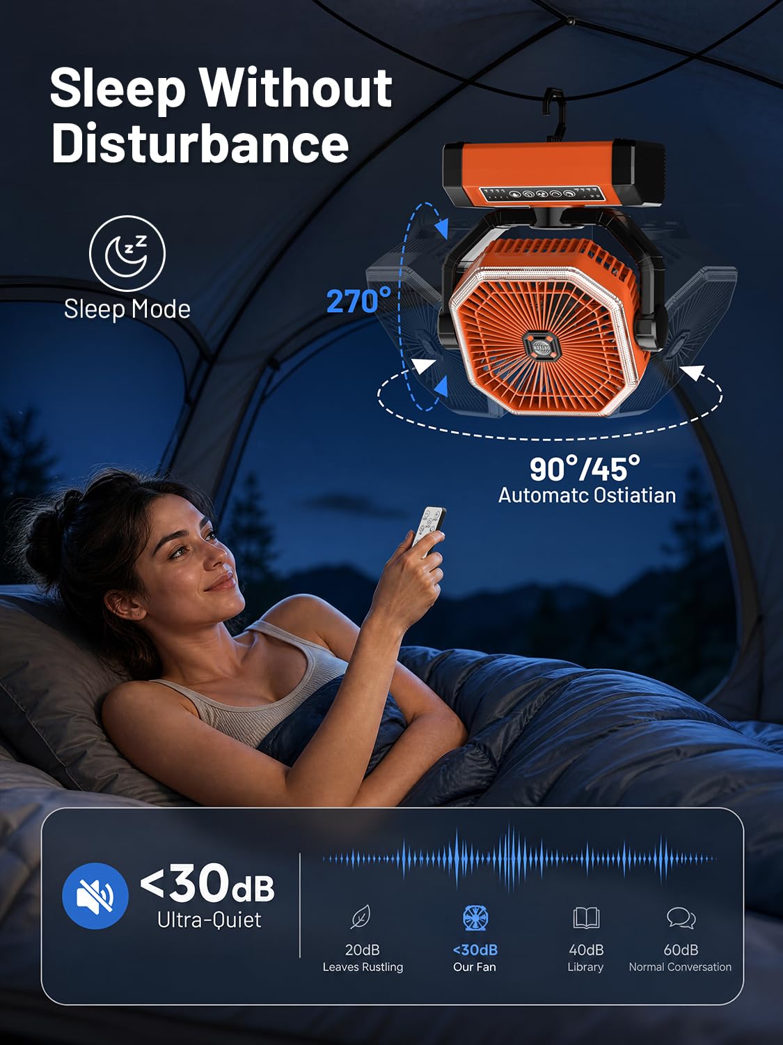 Battery Powered Fan - 9-Inch Rechargeable Fan Portable, 24000mAh(60Hrs) Camping Fans for Tent, Auto Oscillation Cordless, Tent Fans for Camping with Remote/light, 4 Speeds, 4 Timing, Outdoor