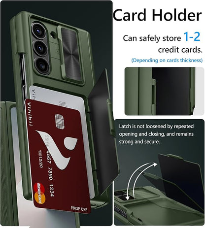 Vihibii for Samsung Galaxy Z Fold 6 Wallet Case with Card Holder & Camera Lens Cover & Hinge Protection & Front Screen Protector, Heavy Duty Rugged Phone Case for Samsung Galaxy Z Fold 6 5G, Green