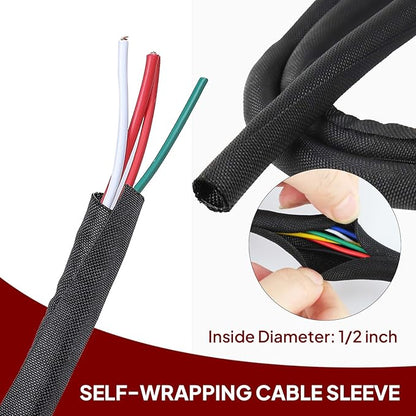 Black Braided Cable Management Sleeves Wire Loom Tubing Cord Protector Self-Wrapping (1/2"-20Feet)
