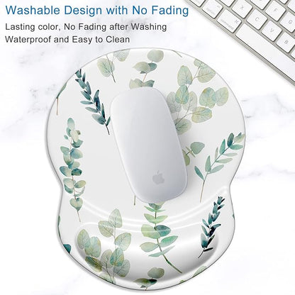 ITNRSIIET Ergonomic Mouse Pad with Gel Wrist Support Small Wrist Rest Smooth Surface Non-Slip PU Base Comfortable Office Supplies Pain Relief, 8.7 x 7.2 inches, Eucalyptus Branches