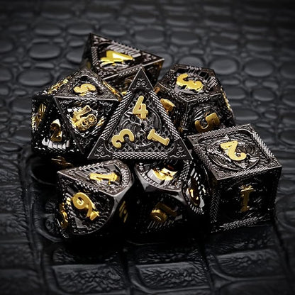 Haxtec Metal DND Dice Set Black Gold Metal D&D Dice with Fire-Breathing Dragon Elements & Leather Dice Bag Polyhedral Dice Compatible with Dungeons and Dragons TTRPG Gifts