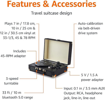 Amazon Basics Portable Suitcase Vinyl Turntable Record Player with Built-in Speakers and Bluetooth, Supports 3-Speed, Black