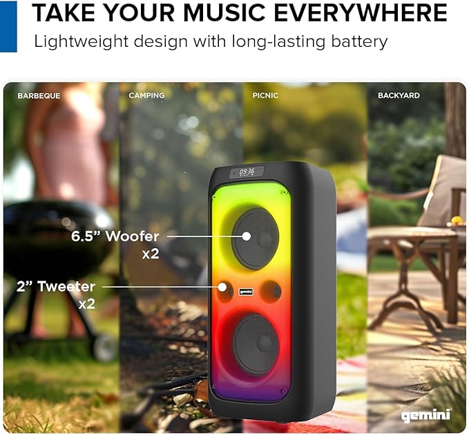 Gemini 200W Portable Bluetooth Party Speaker with Dual 6.5" Woofers, LED Lights, Wireless Mic, 9Hr Battery Play Time, TWS Pairing & USB Playback (GGO-2650L)