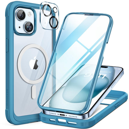 Miracase Glass Series for iPhone 15 Case [Compatible with MagSafe] Full-Body Magnetic Case with Built-in 9H Tempered Glass Anti-Fingerprint Screen Protector + Camera Lens Protector, Pink and Clear