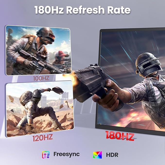 2K 180Hz Portable Monitor,23.8" 2560x1440 QHD 120% SRGB IPS FreeSync Gaming Moniter USB-C HDMI Large Work Home Office Second Monitor VESA Mountable, Adjustable Tilt & Height for Laptop, PS4,Xbox