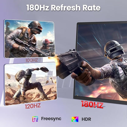 2K 180Hz Portable Monitor,23.8" 2560x1440 QHD 120% SRGB IPS FreeSync Gaming Moniter USB-C HDMI Large Work Home Office Second Monitor VESA Mountable, Adjustable Tilt & Height for Laptop, PS4,Xbox