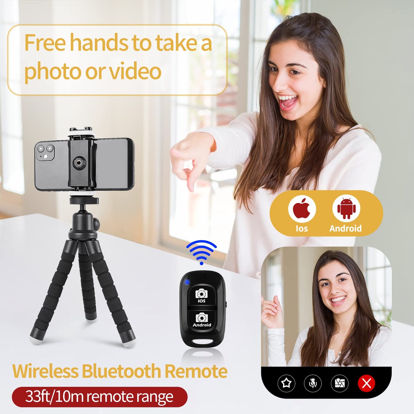 Phone Tripod for iPhone, Flexible Mini Stand with Remote for Recording