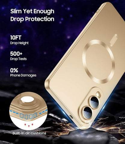 Magnetic for Samsung Galaxy S25 Edge Case [Compatible with MagSafe][Built-in Camera Lens Protector] Slim Soft Silicone Bumper Shockproof Metallic Luster Phone Case (Gold)