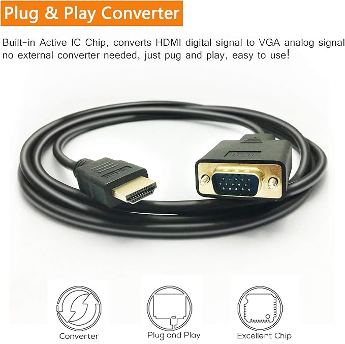 HDMI to VGA Cable, 1080P HDMI Male to VGA Male M/M Video Converter Cord vga Adapter Compatible with hdmi Desktop, Laptop, DVD to 15 Pin D-SUB HDTV Monitor Projector (2Pack)