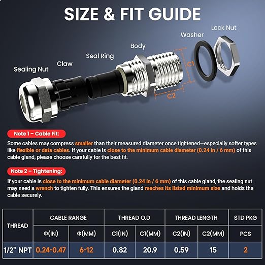 QILIPSU 2pcs 1/2" NPT 304 Stainless Steel Cable Gland Long Thread Waterproof IP68 Metal Strain Relief Cord Grip Cable Pass Through Wire Connector