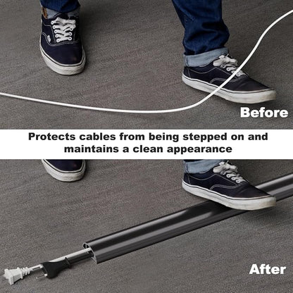 4FT Side-Open Extension Cord Covers for Wires on Floor,Silicone Power Cable Protector Cord Hider Management Strip,Hide Electric Wire on Carpet,Chord Runner Protective Safety Wiremold,Black