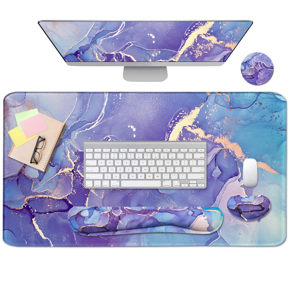 Large Keyboard Mouse Pad Set, Extended Mouse Pad+Keyboard Wrist Rest Support, Memory Foam Ergonomic Easy Typing, 4Pcs (35.4×15.7 in) Desk Pad Set for Home Office Study Game - Purple