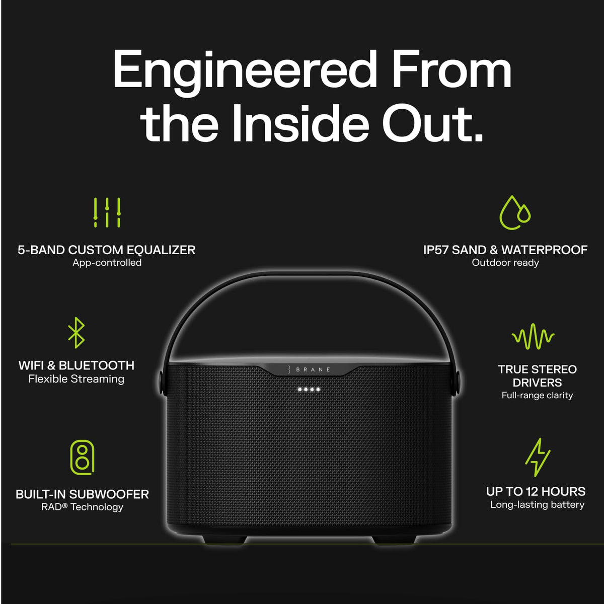 Brane Audio Brane X Smart Speaker, Portable Wireless Bluetooth Speaker, Internal RAD Subwoofer, 12 Hrs Playback, Waterproof IP57