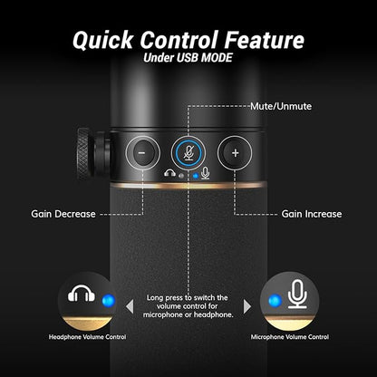TONOR Dynamic Microphone, XLR/USB Microphone for Podcast, Recording, Streaming, Gaming, XLR Cardioid Studio Mic with Quick Mute, 3.5mm Headphone Jack, Volume Control, Mic with Boom Arm, White, TD510+