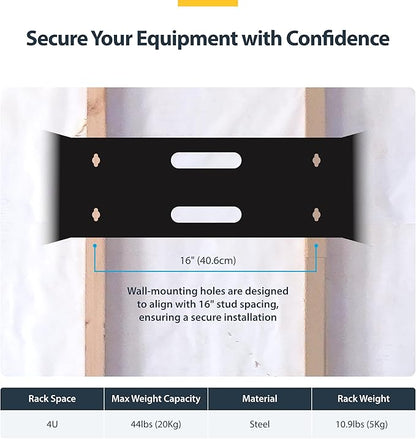 StarTech.com 4U Wall Mount Network Rack - 14 Inch Deep (Low Profile) - 19" Patch Panel Bracket for Shallow Server and IT Equipment, Network Switches - 44lbs/20kg Weight Capacity, Black (WALLMOUNT4)