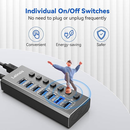 Powered USB Hub 3.0, Leinsis 7-Port USB 3.0 Hub [Durable Aluminum] 7 Data Transfer Ports+ 4 Smart Charging Ports with Individual On/Off Switches, USB Hub 3.0 Powered with Power Adapter for Laptop PC