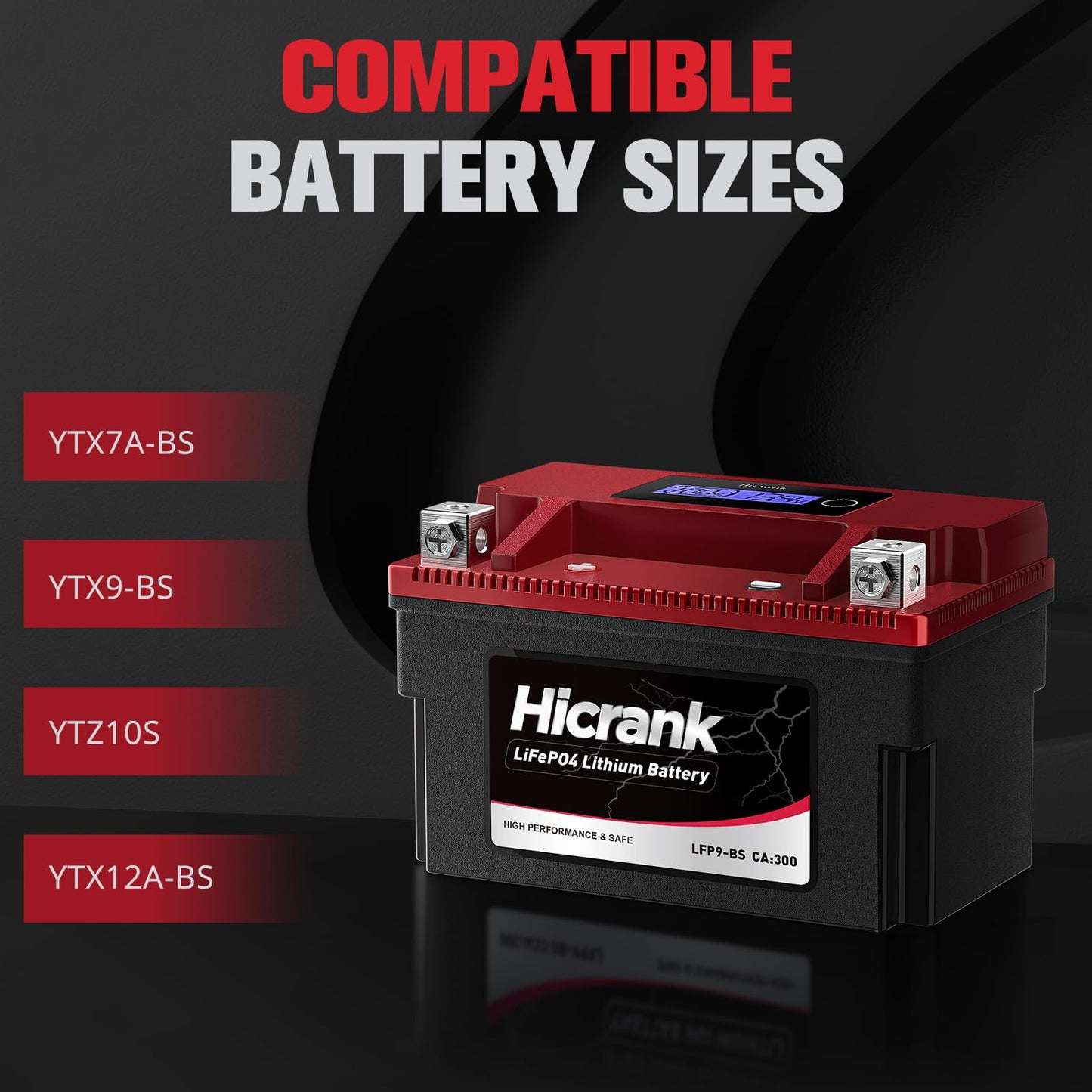 Hicrank LFP9-BS, 300 CCA, 5Ah, Lithium LiFePO4 Motorcycle Battery, 300 CCA, Digital SOC, IP66 for Ninja 400 Z650 Honda CBR600F4i KTM Duke 390 Suzuki GSX-R600 GSXR750 Predator 500 Replaces YTX9-BS