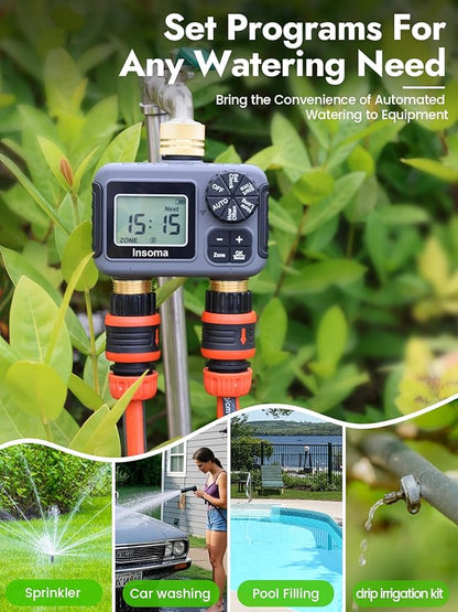 Insoma 2 Outlets Sprinkler Timer with Brass Inlet & Outlet, Water Timer for Garden Hose with Auto/Manual Modes + Rain Delay, Hose Timers for Garden, Yard Lawn, IPX5 Waterproof & Save Water