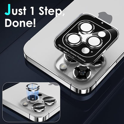 YWXTW CameraLens Protector,[1 Step Installation Tray] Tempered Glass Screen Metal Individual Cover Accessories Case Friendly (Silver Titanium) (iPhone 15 Pro/15 Pro Max)