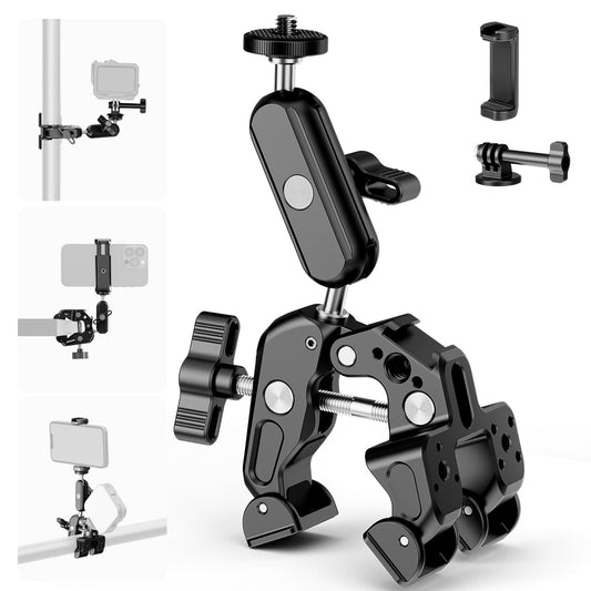 NEEWER Super Clamp with 3" Dual Ballhead Magic Arm, Camera Phone Clamp Mount with 1/4" 3/8" Threads, Cold Shoe, Phone Holder, Action Camera Adapter Compatible with GoPro DJI iPhone 16 15 Pro Max, ST88