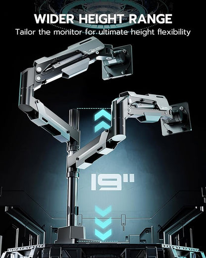 ARES WING Dual Monitor Mount, Adjustable Stacked Monitor Stand with USB A/C, Heavy Duty Gas Spring Monitor Desk Stand for 2 Monitors for 24-57 Inch Ultrawide Screen, 75/100/200 Vesa Mount, Black