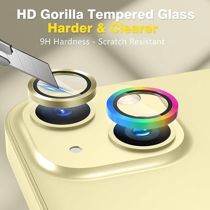 AGVEE 3+3 6 Pack for iPhone 15 6.1" / 15 Plus 6.7" Camera Lens Cover Protector, Metal Ring 9H Tempered HD Glass Camera Cover Protector Film, Yellow