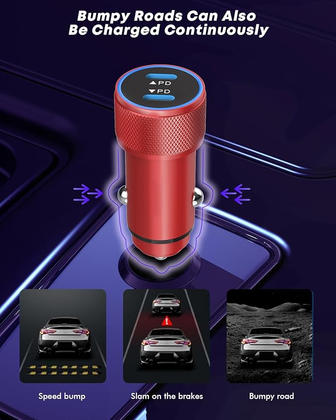 Fast Car Charger for iPhone 16,USB C Charging iPhone 2Pack Dual USB C Port Car Charger Block Cigarette Lighter Adapter Plug with Woven Braided USB C to USB C Cord for iPhone 16/16 Pro/15/iPad(Red)