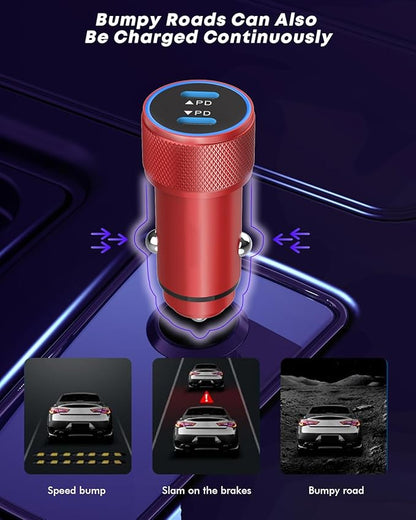 Fast Car Charger for iPhone 16,USB C Charging iPhone 2Pack Dual USB C Port Car Charger Block Cigarette Lighter Adapter Plug with Woven Braided USB C to USB C Cord for iPhone 16/16 Pro/15/iPad(Red)