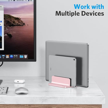 OMOTON [Updated Dock Version] Vertical Laptop Stand, Double Desktop Stand Holder with Adjustable Dock (Up to 17.3 inch), Fits All MacBok/Surface/Samsung/HP/Dell/Chrome Book (Rose Gold)