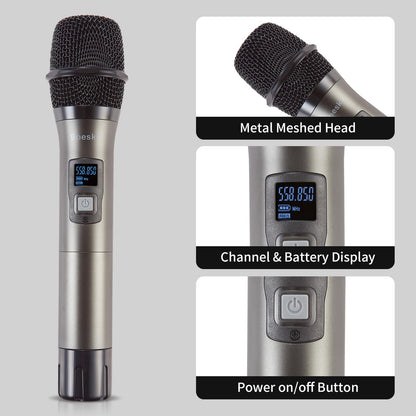 Boeska Wireless Microphone System, 4-Channel UHF Wireless Mic, Fixed Frequency Metal Cordless Mic with 4 Handheld Dynamic Microphones, 200ft Range, Mics for Singing, Church (4 Handheld)