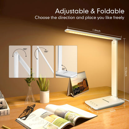 LED Desk Lamp Dimmable Table Lamp with USB Charging Port, 5 Lighting Modes, Sensitive Control, Foldable Portable Desk Light for Home Office Bedroom Reading (White-Pro, Standard Size - 13.3 inch)