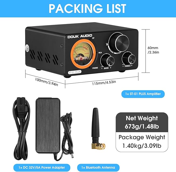 Douk Audio 2 Channel TPA3255 Bluetooth Amplifier 300W x2, Turntable Phono Amp with VU Meter, Treble Bass Control for MM Record Players, Home Theater Speakers (ST-01 Plus)