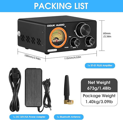 Douk Audio 2 Channel TPA3255 Bluetooth Amplifier 300W x2, Turntable Phono Amp with VU Meter, Treble Bass Control for MM Record Players, Home Theater Speakers (ST-01 Plus)