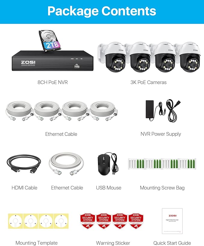 ZOSI 4K PoE Security Camera System with AI Face Person Vehicle Detection, 4 x 5MP 3K Outdoor Auto Tracking PT PoE Camera with 5X Digital Zoom, 2-Way Audio, 8CH 8MP NVR with 2TB HDD (16CH Expandable)