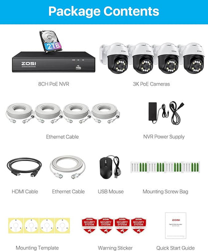 ZOSI 4K PoE Security Camera System with AI Face Person Vehicle Detection, 4 x 5MP 3K Outdoor Auto Tracking PT PoE Camera with 5X Digital Zoom, 2-Way Audio, 8CH 8MP NVR with 2TB HDD (16CH Expandable)