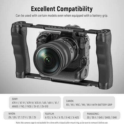 NEEWER Video Camera Cage Rig with Arca Type Base/Dual Grips/Expansion Holes/15mm Rods, Universal Stabilizer Compatible with Sony Canon Nikon DSLR/DSLM, Compatible with SmallRig Accessories, CA016