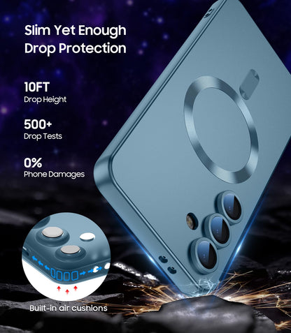 LEKEVO Magnetic for Samsung Galaxy S25 Plus Case [Compatible with MagSafe][Built-in Camera Lens Protector] Slim Soft Silicone Bumper Shockproof Metallic Luster Phone Shell (Green)