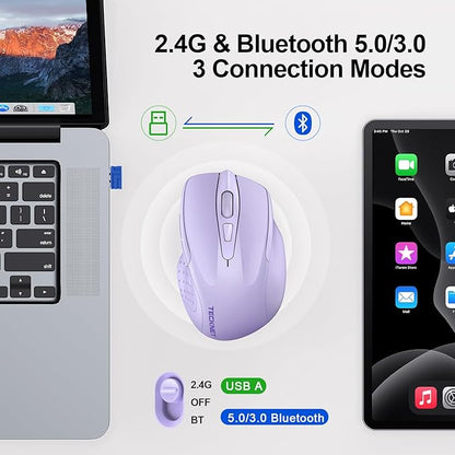 TECKNET Wireless Mouse (2.4G & BT5.0/3.0) Silent 4800 DPI Computer USB A & Bluetooth Mouse 6 Buttons, Wide Compatibility - Lavender