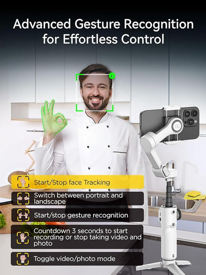 Gimbal Stabilizer for iPhone, Phone Gimbal with Face/Object Tracking for Vlog Recording, 3-Axis Phone Stabilizer with 7.8' Extension Rod and OLED Display for iPhone/Android-Smart X2 White