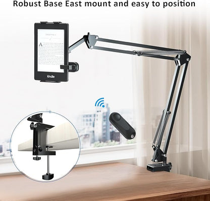 Tablet Holder for Kindle Reading in Bed with Remote Page Turner, Easy Adjust Hands Free Lazy Arm Mount for Kindle Accessories, Gifts for Readers