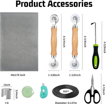 Window Screen Replacement,Screen Door Repair Kit, 48"x178" Grey Window Screen Mesh,Including 50 FT Splines+Hooks+2 Rollers+8 Clips+Scissors+Knife+Tape Measure,Fully Equipped Window Screen Repair Kit