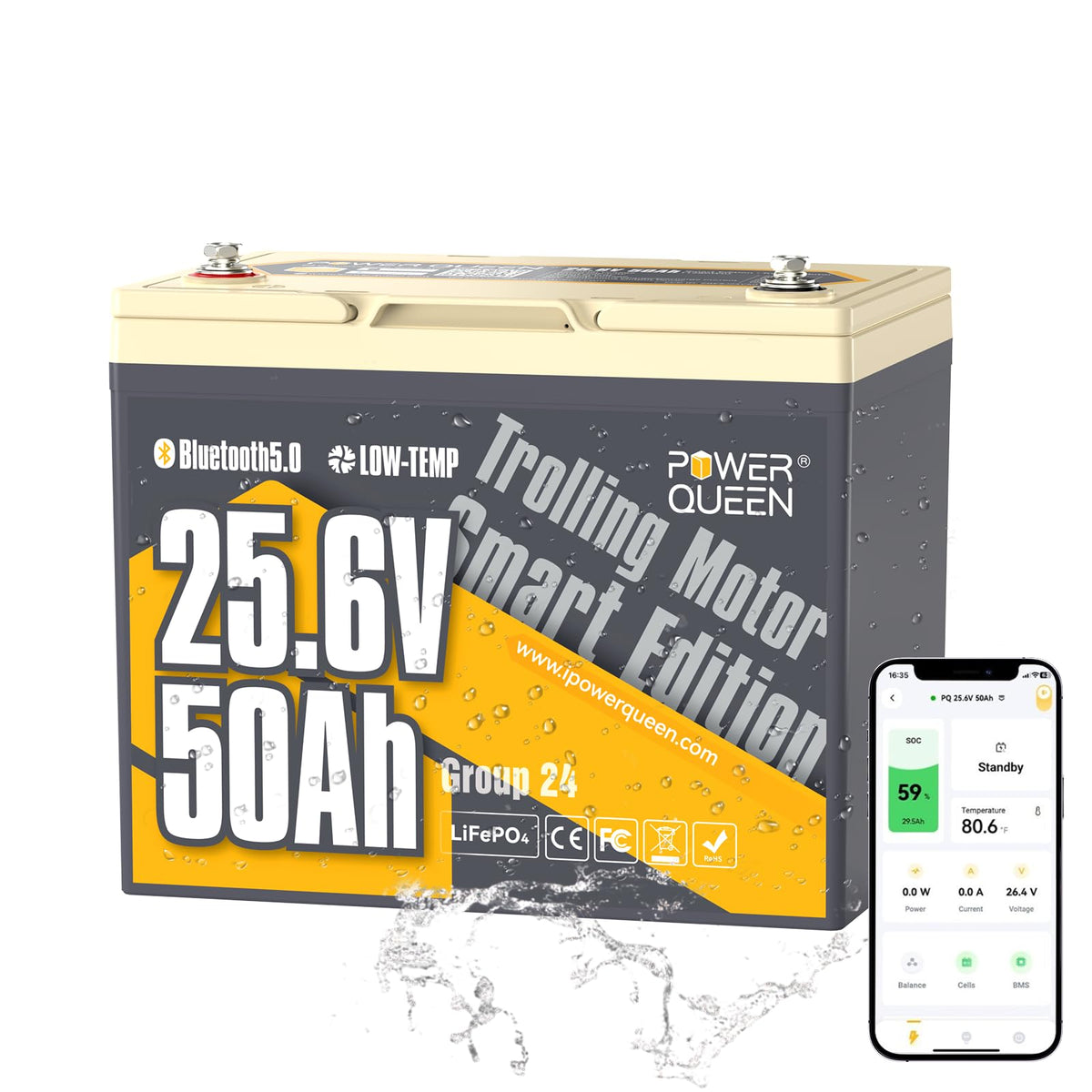 Power Queen 36V 50Ah LiFePO4 Lithiumn Battery for Boat, Marine, Yacht