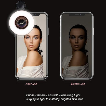Macro Lens for iPhone and Android with Mini Clip Ring Light, Portable Rechargeable Dimming, for Smart Phone Photography, Camera Video Recording, VLOG
