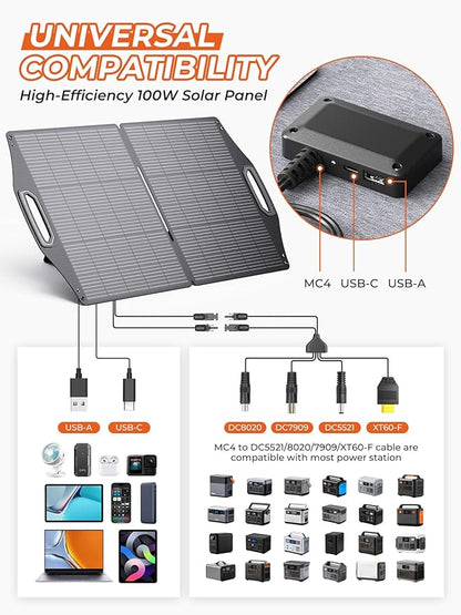 BigBlue 100W Solar Panel w/USB-C(45W PD)+USB-A(Fast Charging 18W) & MC-4 Ports, IP68 Waterproof, Camping Essentials, Folding Portable Solar Charger w/Kickstand for Power Stations, Phones, Tablets